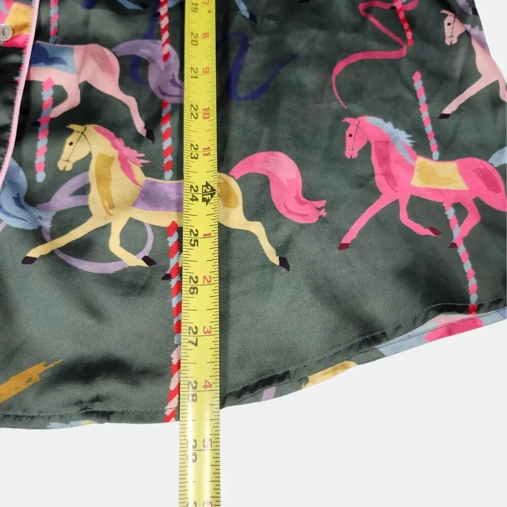 Karen Mabon Whimsical CAROUSEL Satin Pajama Shirt Women's Size XLARGE Green RARE